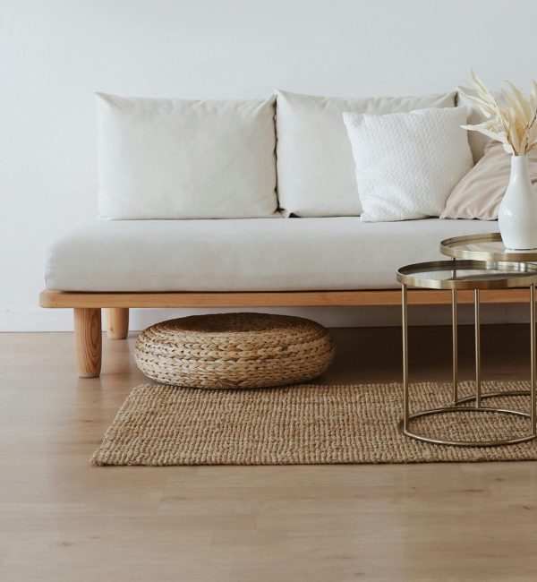 A chic minimalist living room featuring a white sofa with cushions, dried flowers in a vase, and a wooden floor.